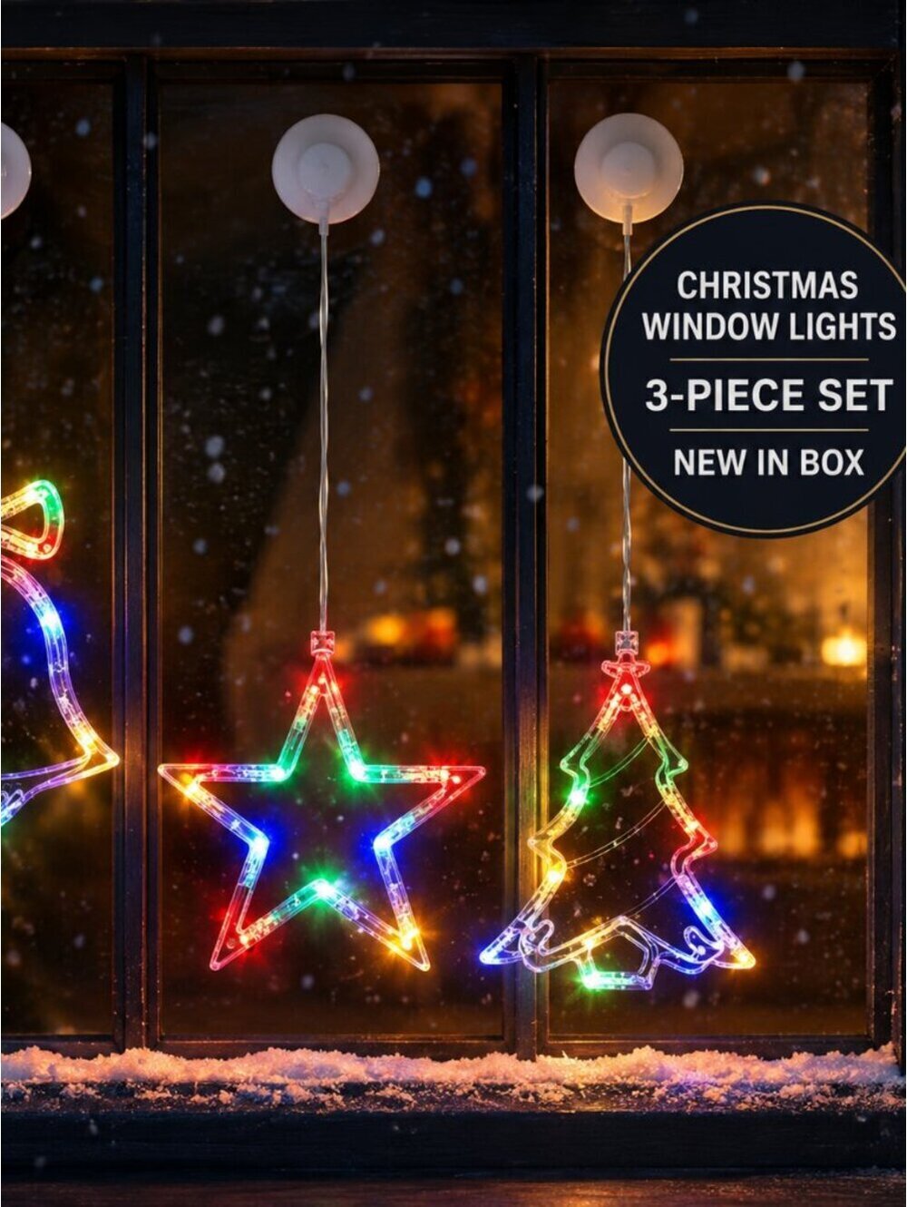 NEW IN BOX - Christmas Window Lights - Star, Bell, Tree - Battery Operated